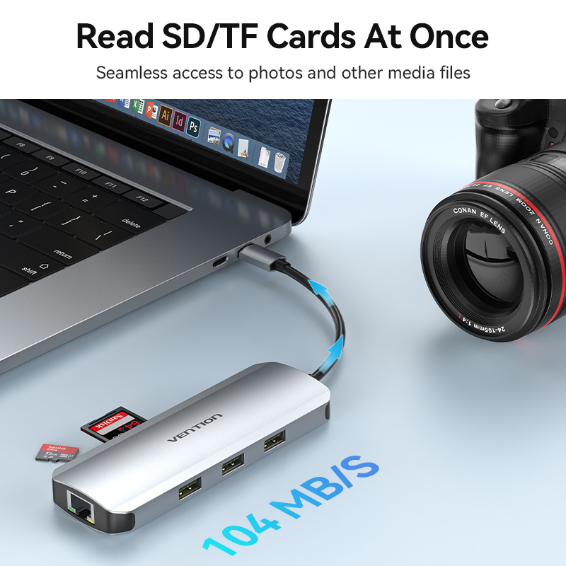 9in1 USB-C/apa -> HDMI + 3×USB-A 3.0 + RJ45 + SD + TF + 3,5mm TRRS miniJack + USB-C (PD 100W), szürke, alumínium házas, 0,15m, dokkoló