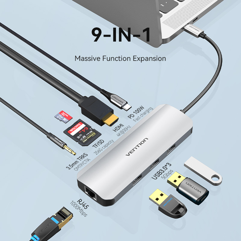 9in1 USB-C/apa -> HDMI + 3×USB-A 3.0 + RJ45 + SD + TF + 3,5mm TRRS miniJack + USB-C (PD 100W), szürke, alumínium házas, 0,15m, dokkoló