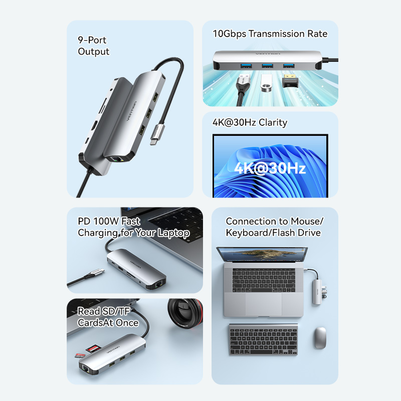 9in1 USB-C/apa -> HDMI + 3×USB-A 3.0 + RJ45 + SD + TF + 3,5mm TRRS miniJack + USB-C (PD 100W), szürke, alumínium házas, 0,15m, dokkoló