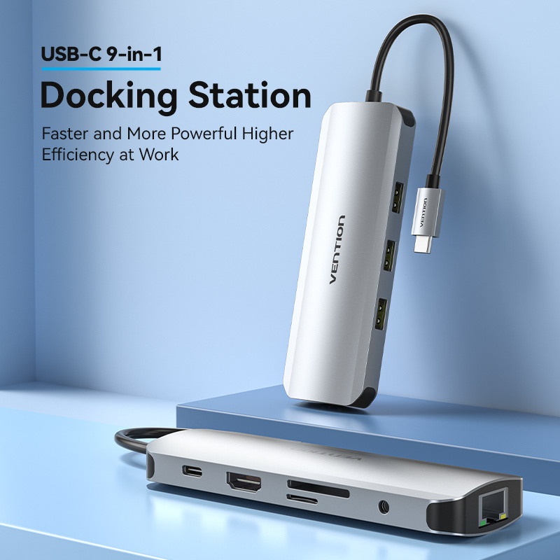 9in1 USB-C/apa -> HDMI + 3×USB-A 3.0 + RJ45 + SD + TF + 3,5mm TRRS miniJack + USB-C (PD 100W), szürke, alumínium házas, 0,15m, dokkoló