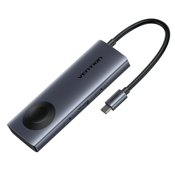 5in1 USB-C/apa -> HDMI + 2×USB-A 3.0 + USB-C 3.2 Gen1 + USB-C (PD 100W) + vezeték nélküli töltő, szürke, alumínium házas, 0,11m, dokkoló