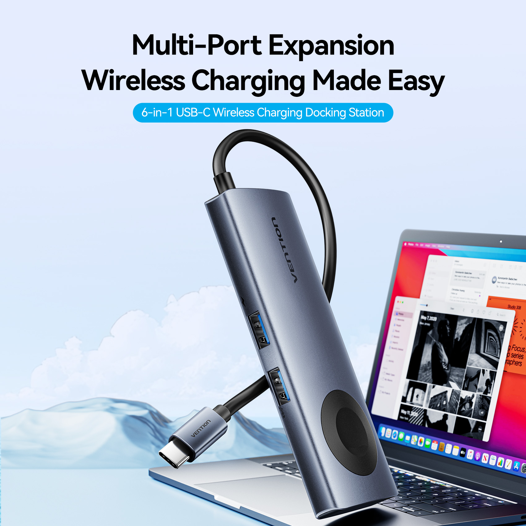 5in1 USB-C/apa -> HDMI + 2×USB-A 3.0 + USB-C 3.2 Gen1 + USB-C (PD 100W) + vezeték nélküli töltő, szürke, alumínium házas, 0,11m, dokkoló