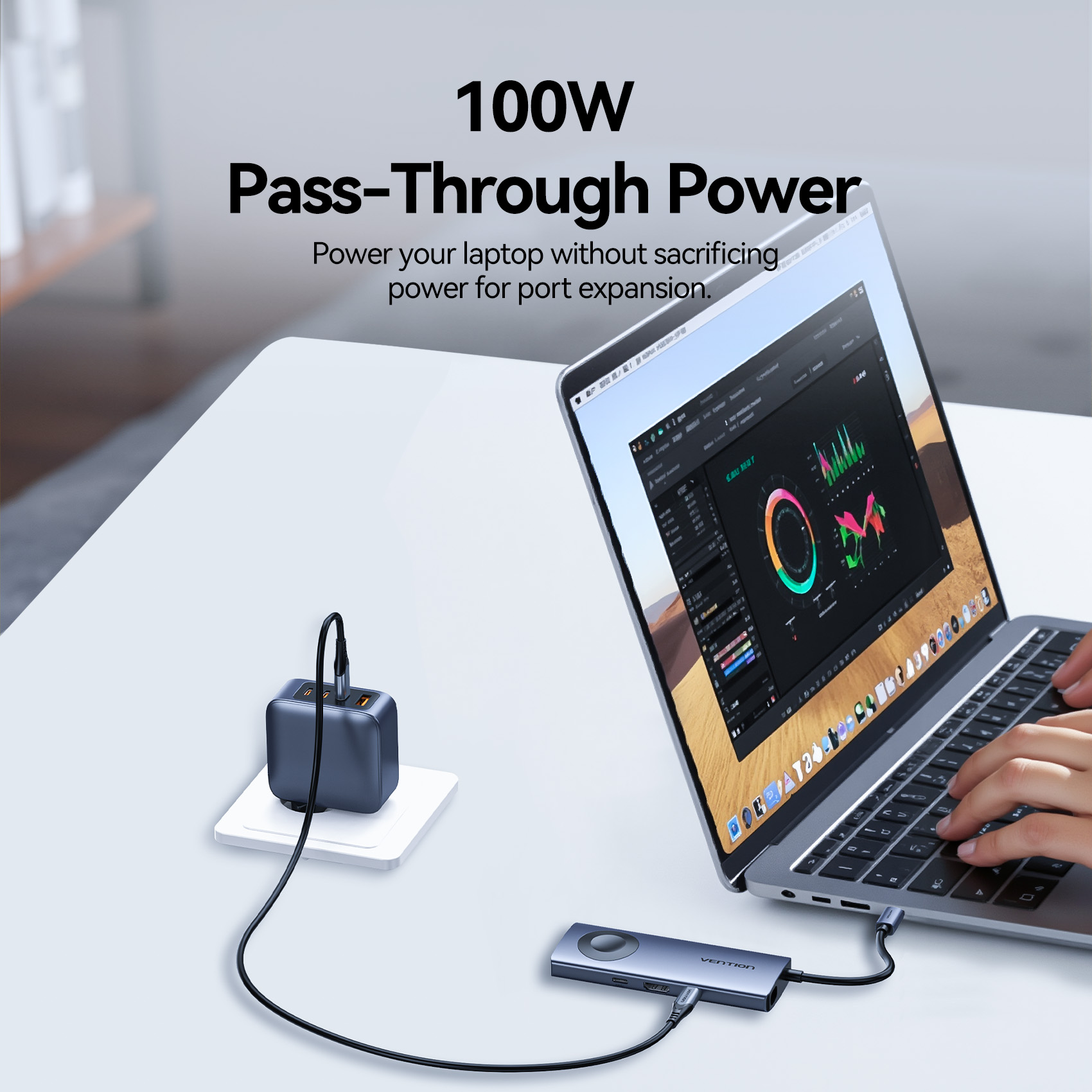 5in1 USB-C/apa -> HDMI + 2×USB-A 3.0 + USB-C 3.2 Gen1 + USB-C (PD 100W) + vezeték nélküli töltő, szürke, alumínium házas, 0,11m, dokkoló