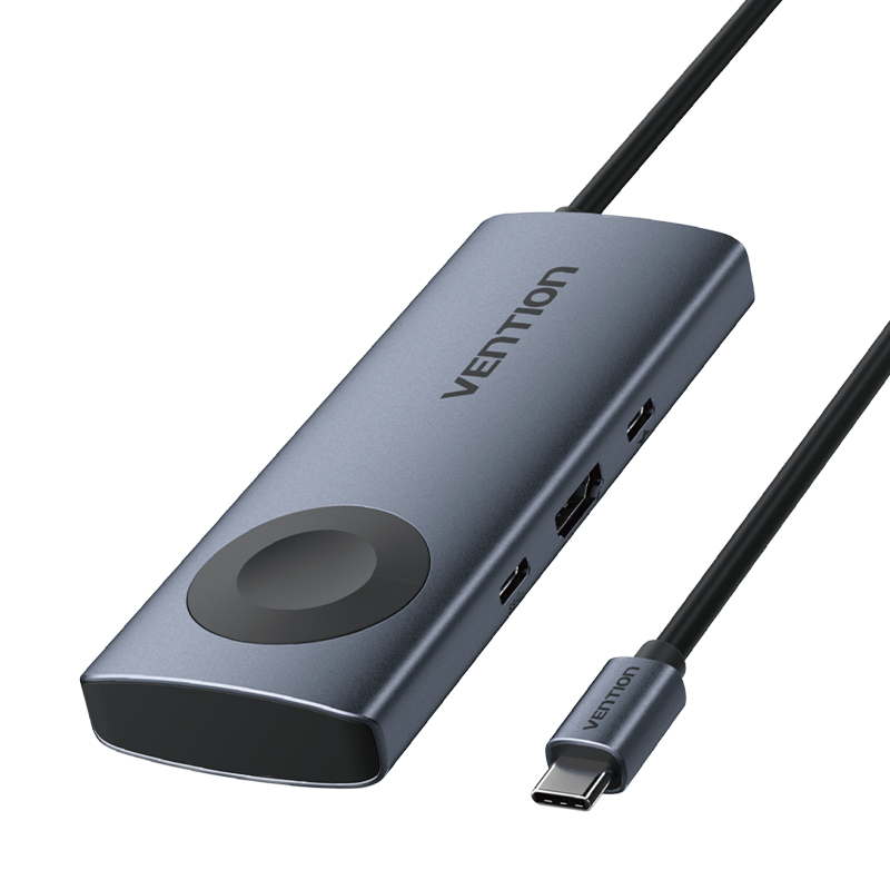 5in1 USB-C/apa -> HDMI + 2×USB-A 3.0 + USB-C 3.2 Gen1 + USB-C (PD 100W) + vezeték nélküli töltő, szürke, alumínium házas, 0,11m, dokkoló