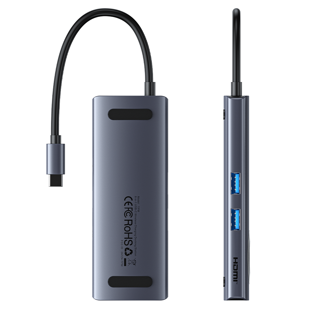 5in1 USB-C/apa -> HDMI + 2×USB-A 3.0 + USB-C 3.2 Gen1 + USB-C (PD 100W) + vezeték nélküli töltő, szürke, alumínium házas, 0,11m, dokkoló