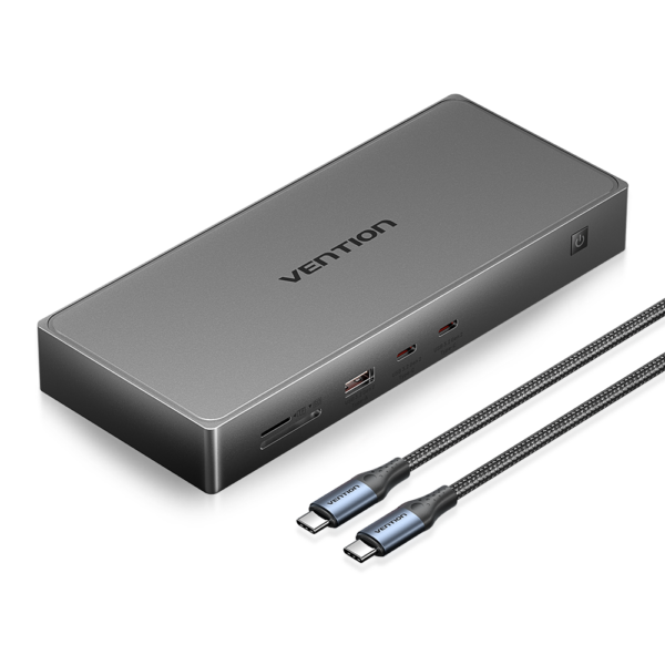 12in1 USB-C/apa -> DP + 2×HDMI + USB-C + 2×USB-C 3.2 + USB-A 3.2 + RJ45 + SD + TF + PD 100W, szürke, alumínium házas, dokkoló