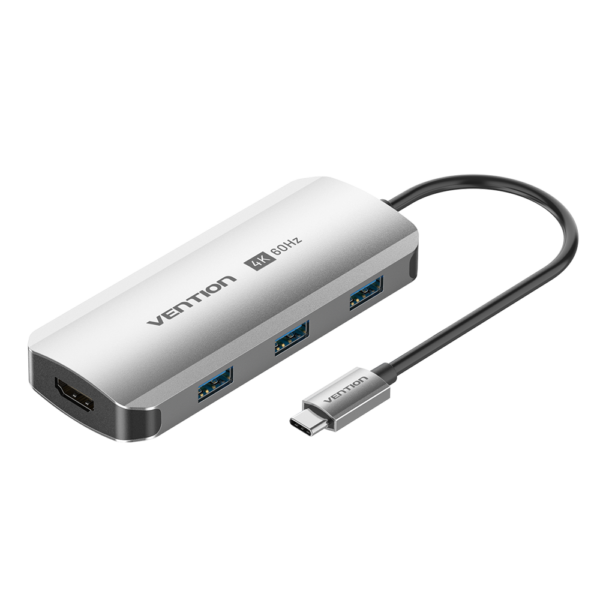 5in1 USB-C/apa -> HDMI 2.0 + 3×USB-A 3.0 + USB-C (PD 100W), szürke, alumínium házas, 0,15m, dokkoló