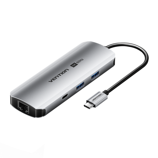 9in1 USB-C/apa -> HDMI 2.0 + USB-C 3.2 + 2×USB-A 3.0 + RJ45 + SD + TF + 3,5mm miniJack + USB-C (PD 100W), szürke, alumínium házas, 0,15m, dokkoló