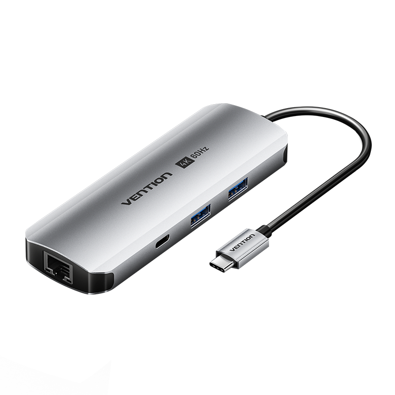 9in1 USB-C/apa -> HDMI 2.0 + USB-C 3.2 + 2×USB-A 3.0 + RJ45 + SD + TF + 3,5mm miniJack + USB-C (PD 100W), szürke, alumínium házas, 0,15m, dokkoló