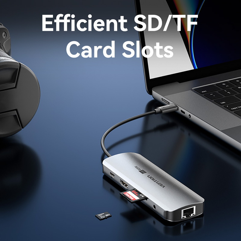 9in1 USB-C/apa -> HDMI 2.0 + USB-C 3.2 + 2×USB-A 3.0 + RJ45 + SD + TF + 3,5mm miniJack + USB-C (PD 100W), szürke, alumínium házas, 0,15m, dokkoló