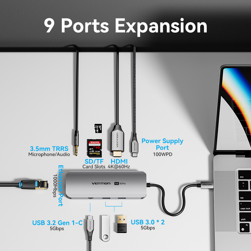 9in1 USB-C/apa -> HDMI 2.0 + USB-C 3.2 + 2×USB-A 3.0 + RJ45 + SD + TF + 3,5mm miniJack + USB-C (PD 100W), szürke, alumínium házas, 0,15m, dokkoló