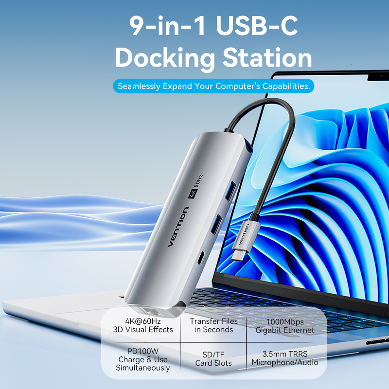 9in1 USB-C/apa -> HDMI 2.0 + USB-C 3.2 + 2×USB-A 3.0 + RJ45 + SD + TF + 3,5mm miniJack + USB-C (PD 100W), szürke, alumínium házas, 0,15m, dokkoló
