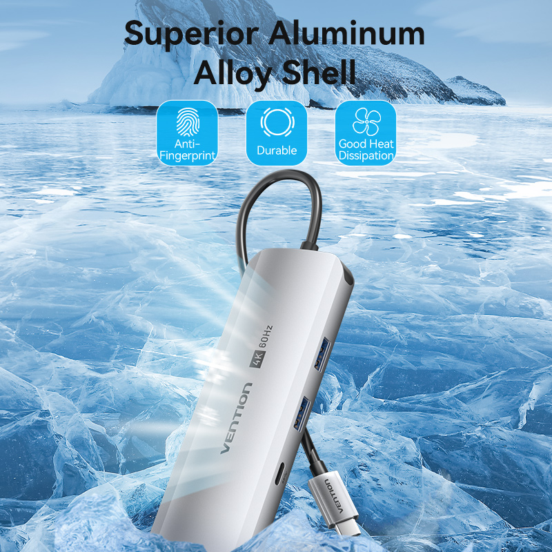 9in1 USB-C/apa -> HDMI 2.0 + USB-C 3.2 + 2×USB-A 3.0 + RJ45 + SD + TF + 3,5mm miniJack + USB-C (PD 100W), szürke, alumínium házas, 0,15m, dokkoló