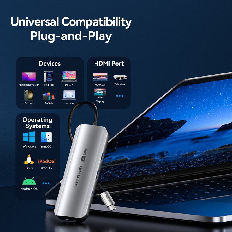 9in1 USB-C/apa -> HDMI 2.0 + USB-C 3.2 + 2×USB-A 3.0 + RJ45 + SD + TF + 3,5mm miniJack + USB-C (PD 100W), szürke, alumínium házas, 0,15m, dokkoló