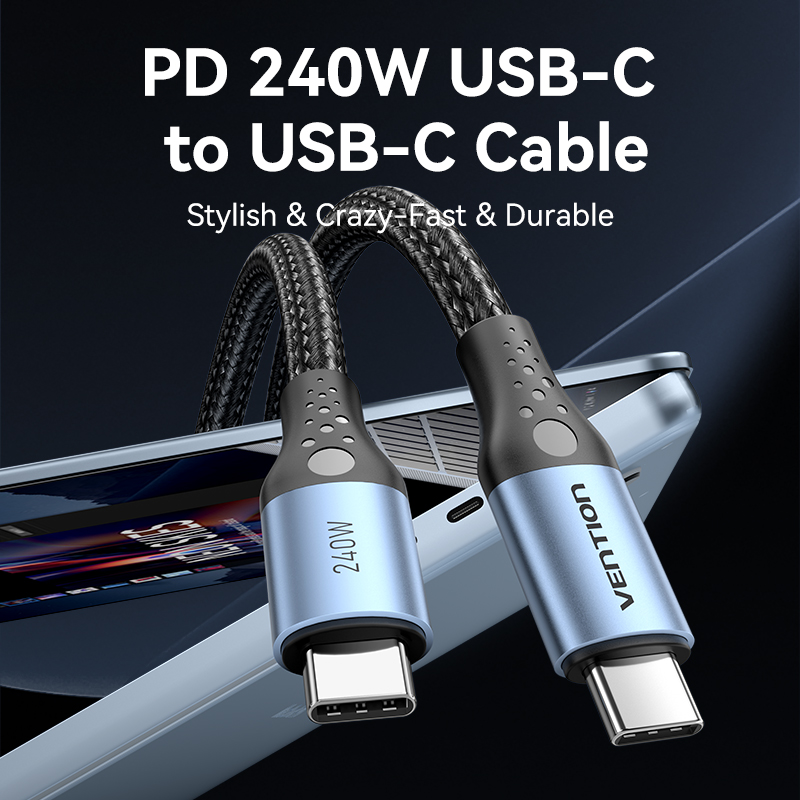 USB-C 2.0/apa -> USB-C 2.0/apa, fekete, nylon fonott, 5A, 240W, 1m, E-Marker chipes, alumínium házas adat- és töltőkábel
