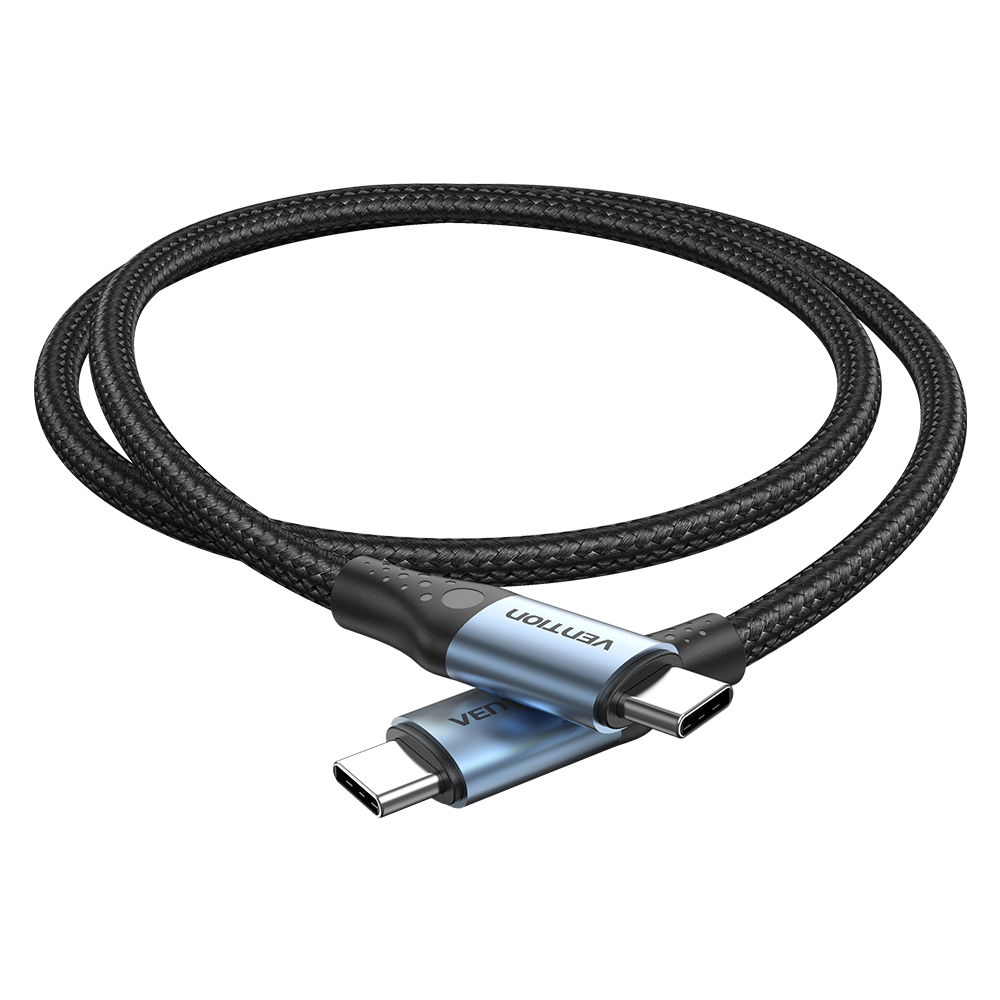 USB-C 2.0/apa -> USB-C 2.0/apa, fekete, nylon fonott, 5A, 240W, 1m, E-Marker chipes, alumínium házas adat- és töltőkábel