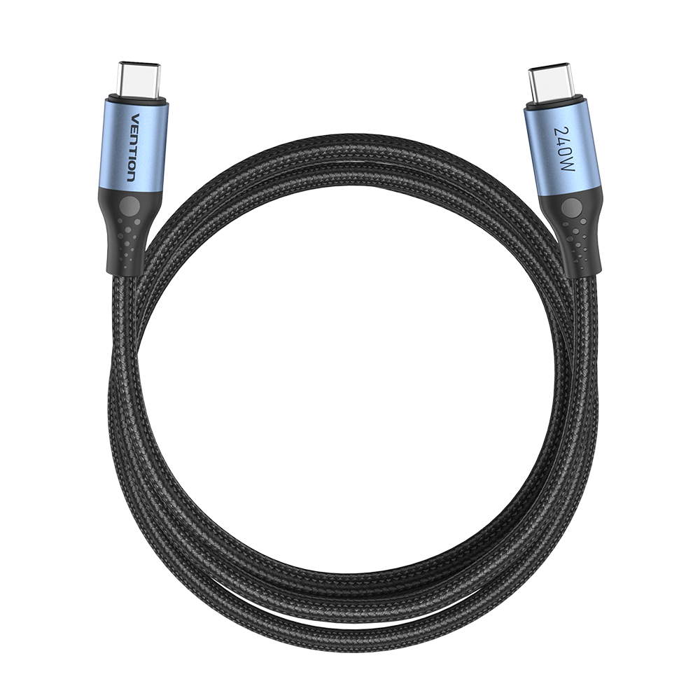 USB-C 2.0/apa -> USB-C 2.0/apa, fekete, nylon fonott, 5A, 240W, 1m, E-Marker chipes, alumínium házas adat- és töltőkábel
