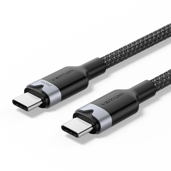 USB-C 2.0/apa -> USB-C 2.0/apa, fekete, nylon fonott, 5A, 240W, 1m, alumínium házas adat- és töltőkábel