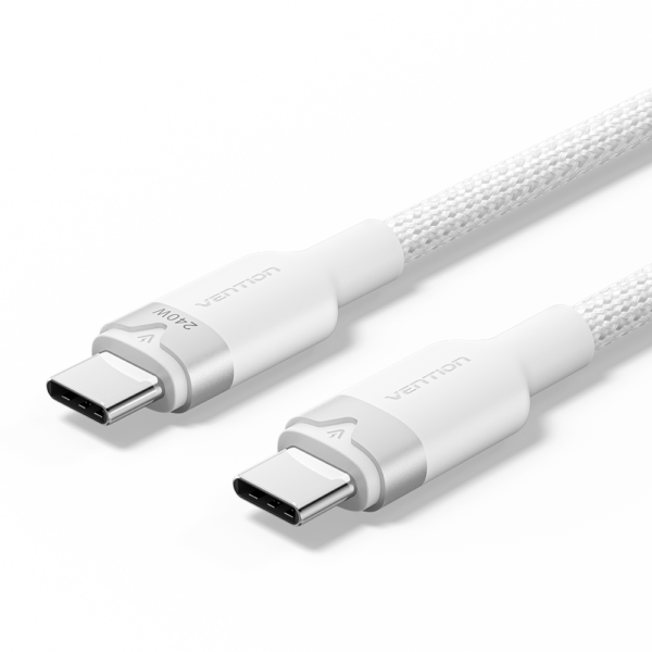 USB-C 2.0/apa -> USB-C 2.0/apa, fehér, nylon fonott, 5A, 240W, 2m, alumínium házas adat- és töltőkábel