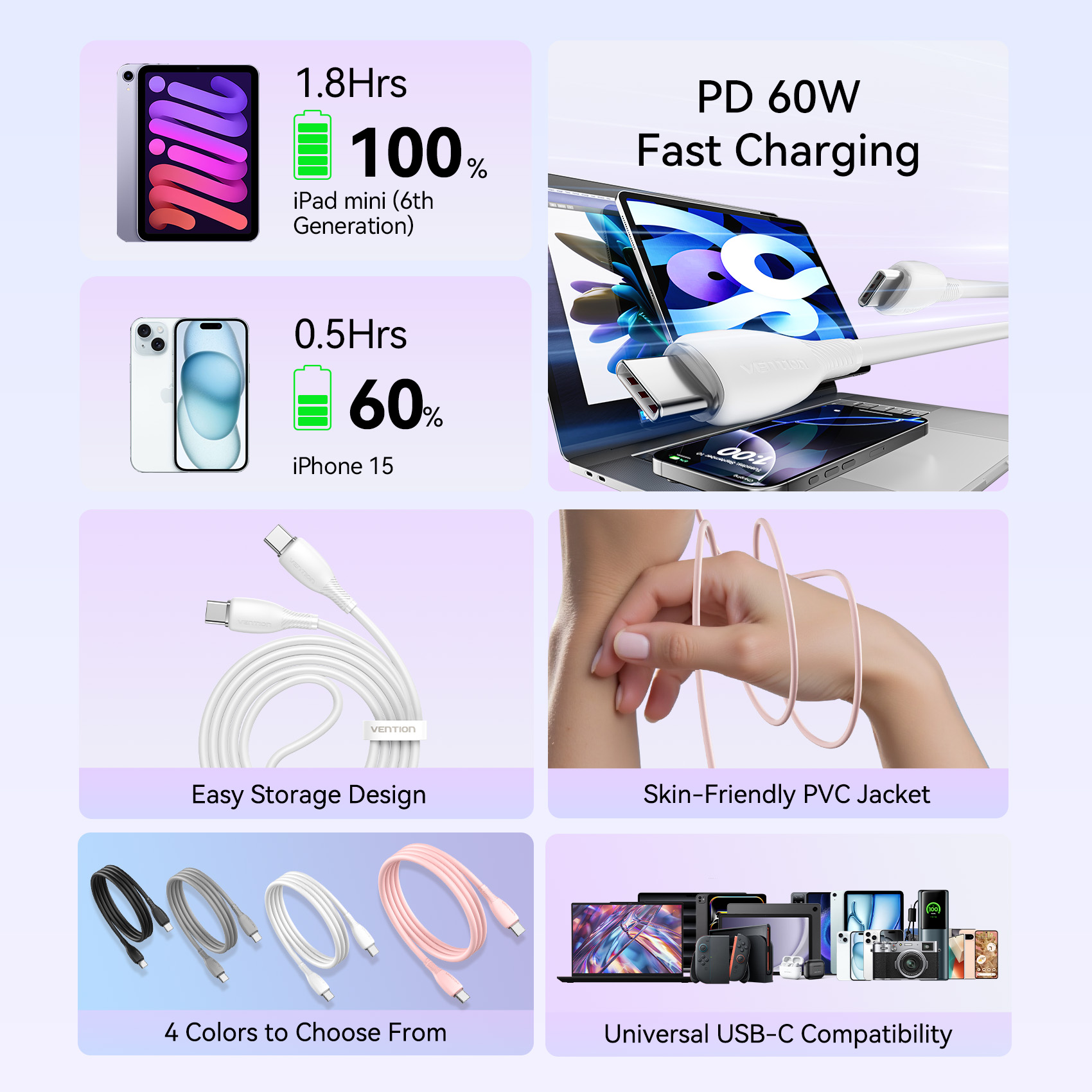USB-C 2.0/apa -> USB-C 2.0/apa, fehér, PVC, 3A, 60W, 1m, flexibilis, adat- és töltőkábel