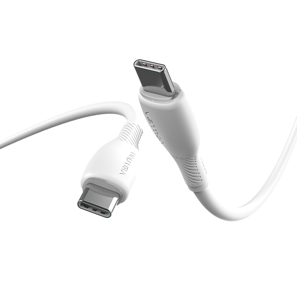 USB-C 2.0/apa -> USB-C 2.0/apa, fehér, PVC, 3A, 60W, 1m, flexibilis, adat- és töltőkábel