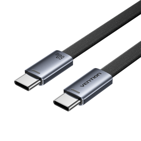 USB-C/apa -> USB-C/apa, fekete, fonott, 3A, 60W, 1m, lapos kivitelű, adat- és töltőkábel