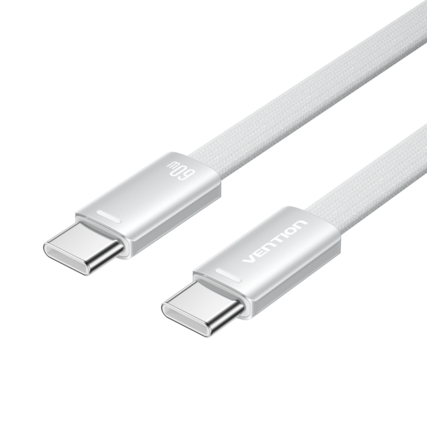 USB-C/apa -> USB-C/apa, ezüst, fonott, 3A, 60W, 2m, lapos kivitelű, adat- és töltőkábel