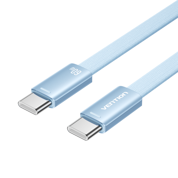 USB-C/apa -> USB-C/apa, kék, fonott, 3A, 60W, 1m, lapos kivitelű, adat- és töltőkábel