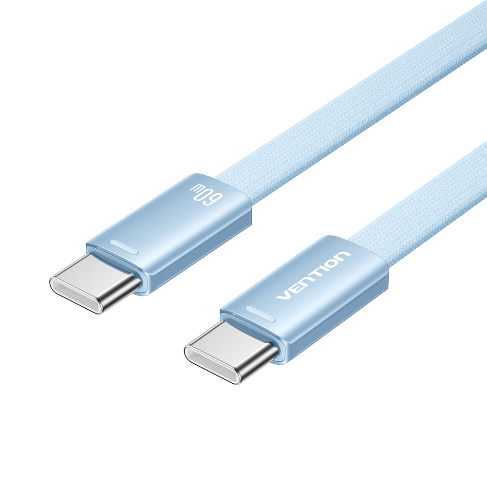 USB-C/apa -> USB-C/apa, kék, fonott, 3A, 60W, 1m, lapos kivitelű, adat- és töltőkábel