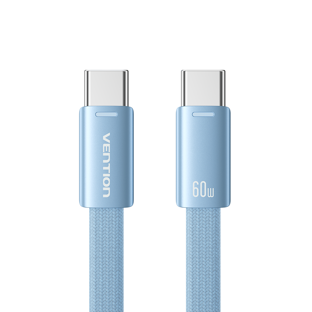 USB-C/apa -> USB-C/apa, kék, fonott, 3A, 60W, 1m, lapos kivitelű, adat- és töltőkábel