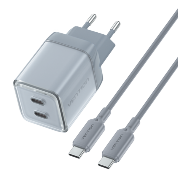2 portos USB (C + C) GaN gyorstöltő (45W/45W), szürke színben + 1m USB-C kábel (100W) szett