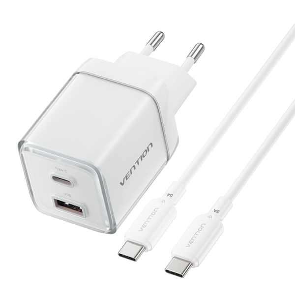 2 portos USB (C + A) GaN gyorstöltő (70W/22,5W), fehér színben + 1m USB-C kábel (100W) szett