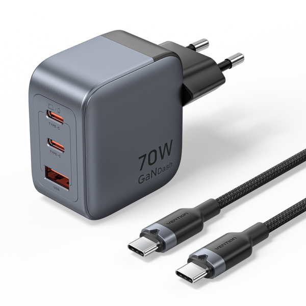 3 portos USB (C + C + A) GaN gyorstöltő (70W/70W/22,5W), szürke színben + 1m USB-C kábel (100W) szett