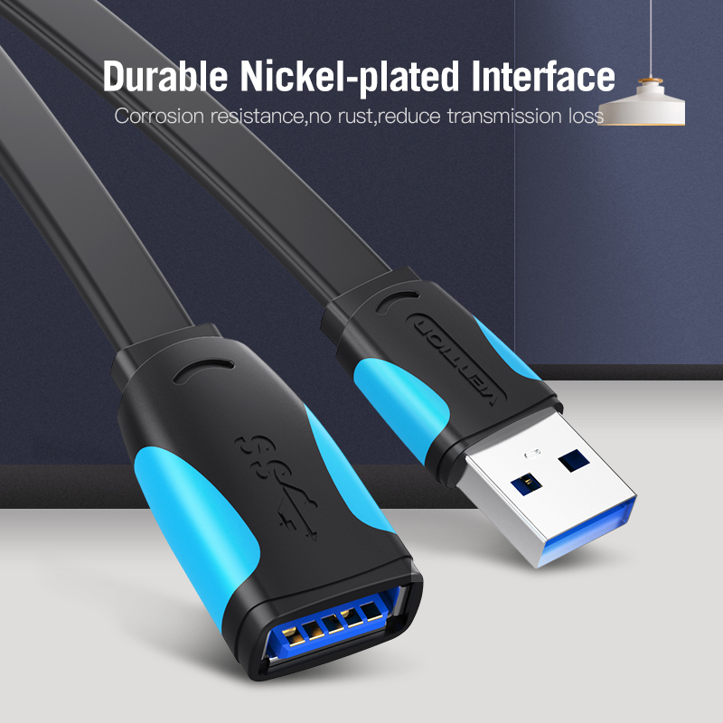 USB-A 3.0/apa -> USB-A 3.0/anya, fekete, PVC, lapos, 1m, hosszabbító kábel