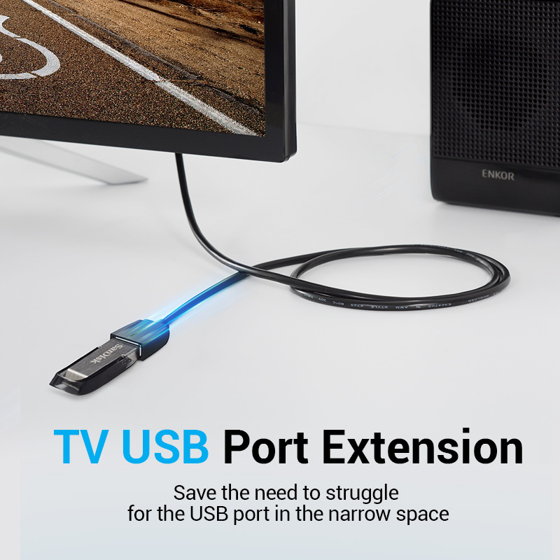 USB-A 2.0/apa -> USB-A 2.0/anya, fekete, PVC, 0,5m, vékony hosszabbító kábel