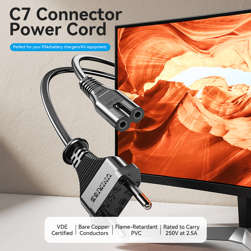 Europlug 2 pólusú/apa -> C7/anya, fekete, PVC, 1,8m, tápkábel